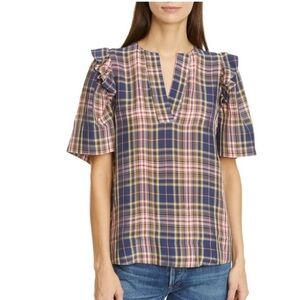 Sea NY Rooney Ruffle Shoulder Plaid Top